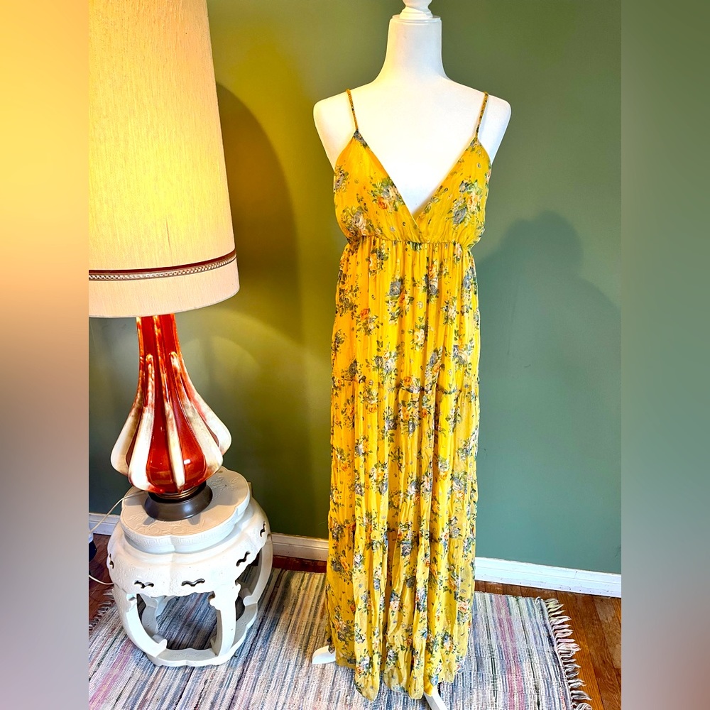 Flowy Sunshine Yellow Maxi Dress with Floral pattern.